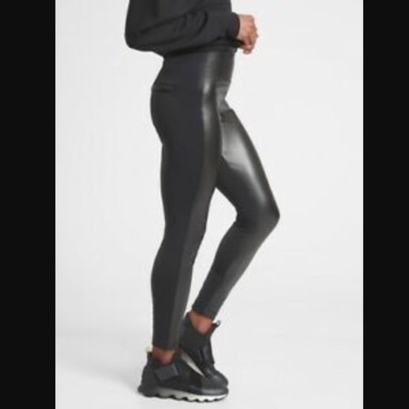 Athleta Pants - Athleta Ponte Leather Leggings 870871 Side Zip Pockets Black New Without Tags M